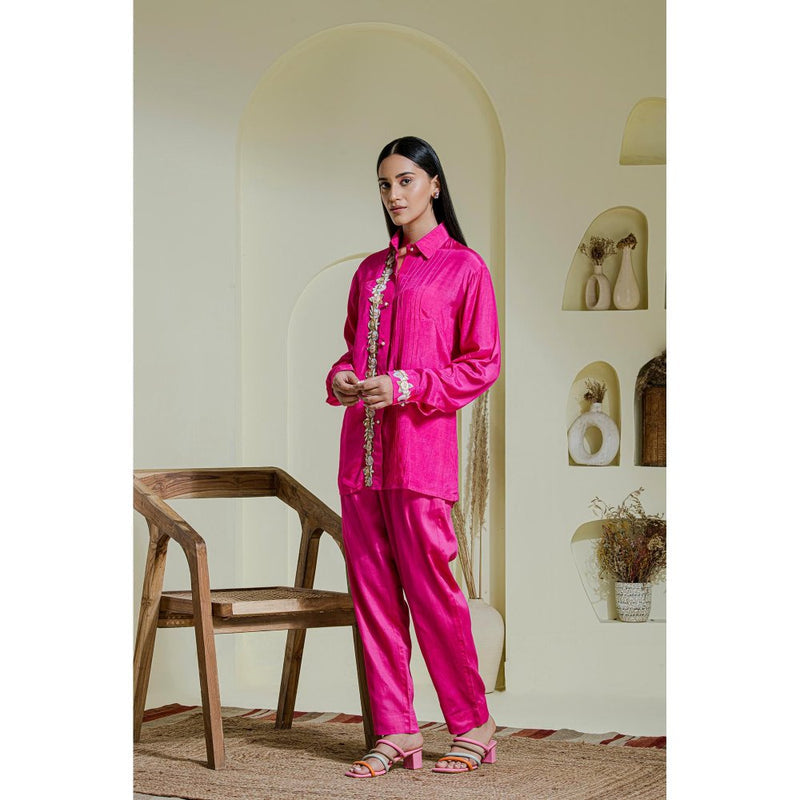 Maive Magenta Hand Embroidered Modal Satin Shirt