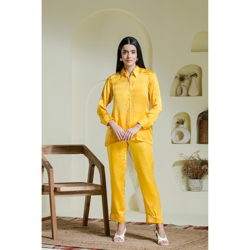Maive Sunshine Yellow Hand Embroidered Modal Satin Shirt