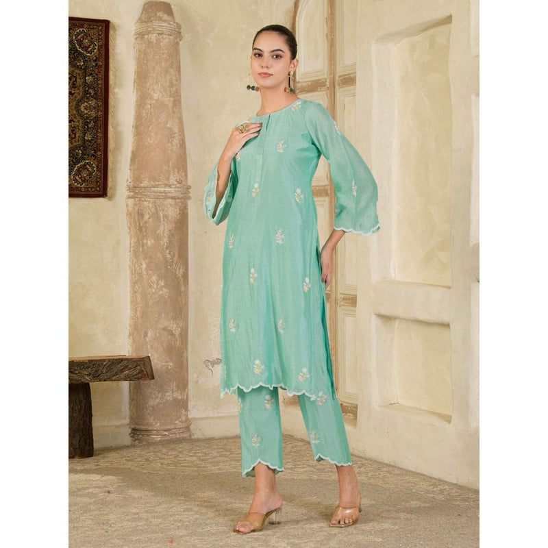 Maive Mint Green Hand Embroidered Chanderi Kurta and Pant (Set of 2)