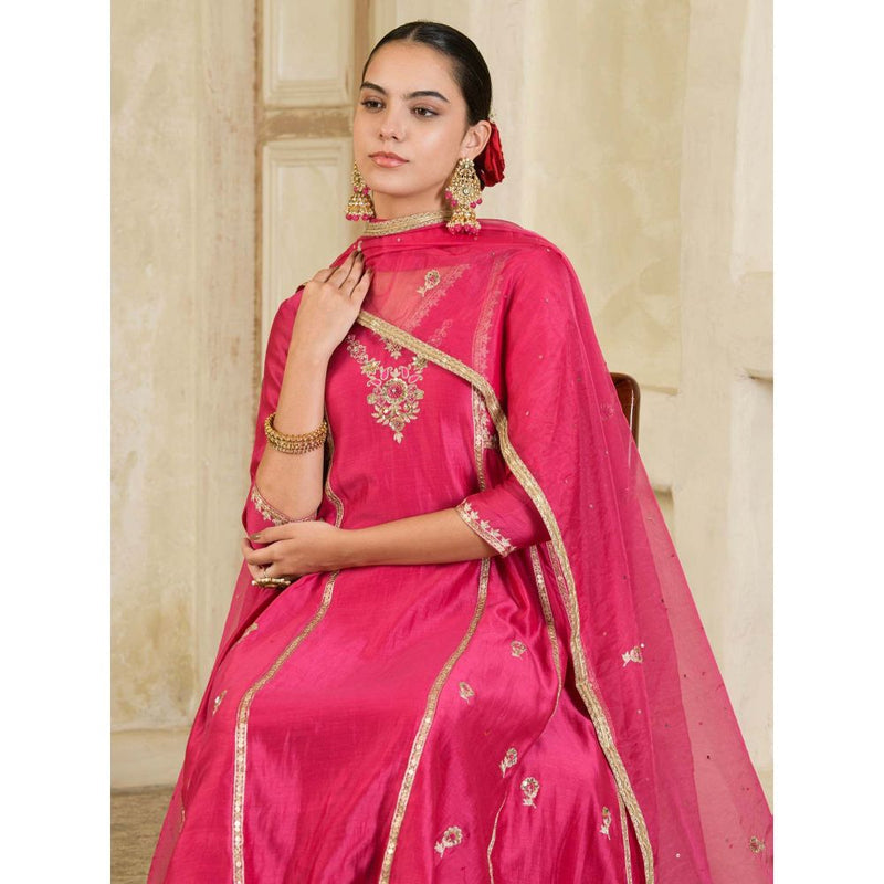 Maive Fuchsia Pink Embroidered Chanderi Anarkali with Pant and Dupatta (Set of 3)