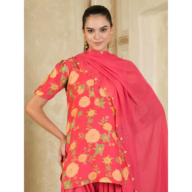 Maive Pink Floral Printed Farsi Salwar with Kurti and Dupatta (Set of 3)