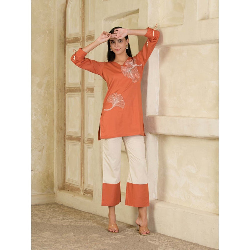 Maive Rust Hand Embroidered V-Neck Co-ord (Set of 2)