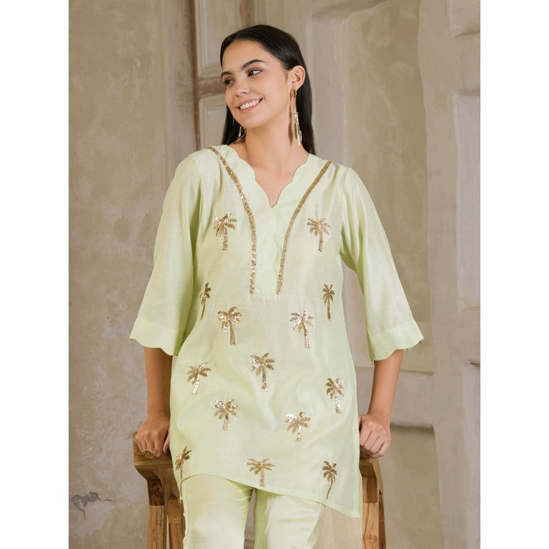 Maive Pista Green Hand Embroidered Chanderi Co-Ord (Set of 2)