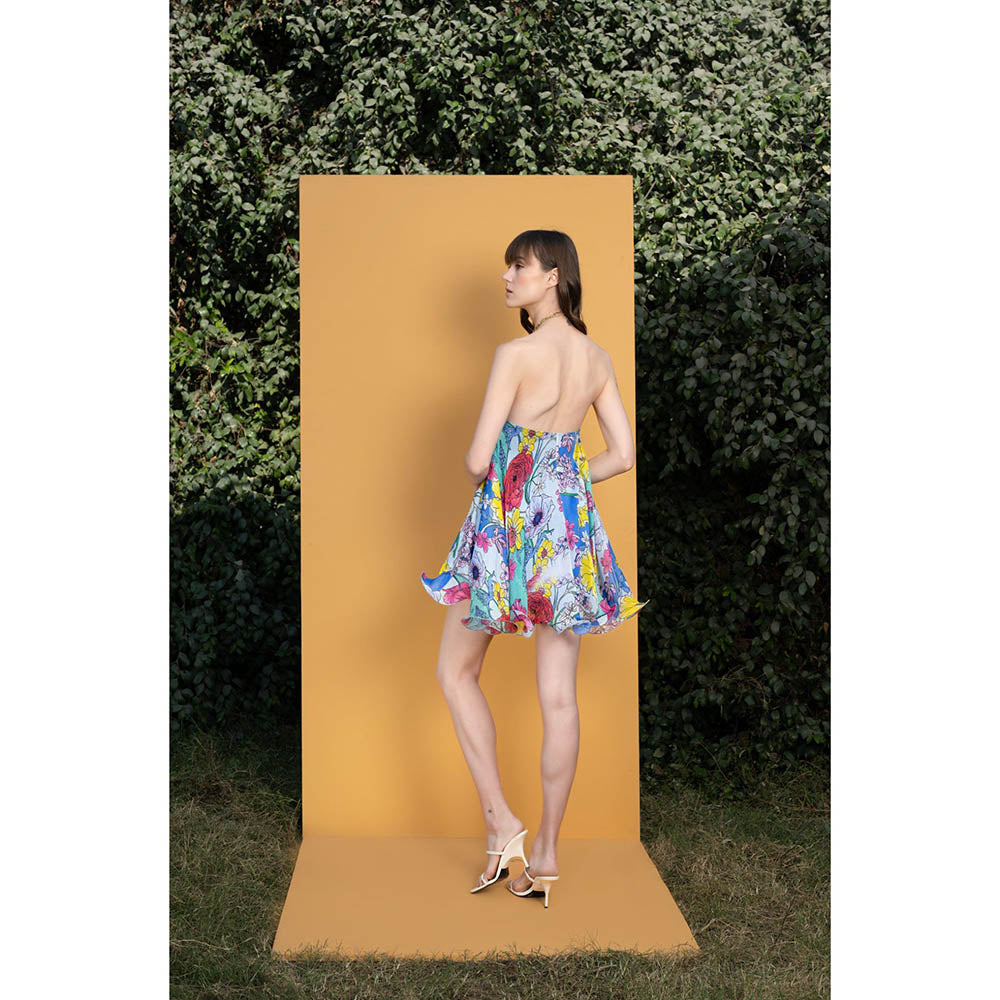 MANDIRA WIRK Hibiscus Printed Halter Neck Short Dress with Chain Detailing