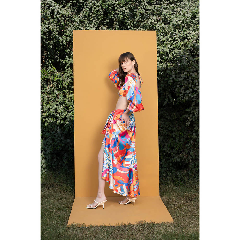 MANDIRA WIRK Pop Abstract Printed Satin Top and Wrap Skirt (Set of 2)
