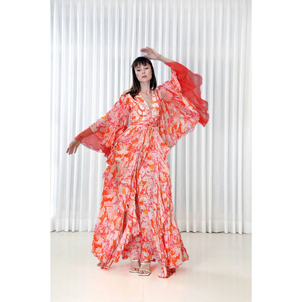 MANDIRA WIRK Maple Leaves Printed Chiffon Dress