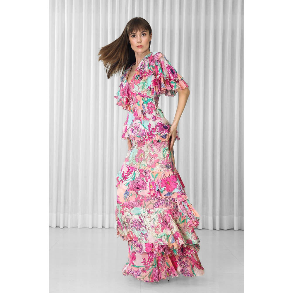 MANDIRA WIRK Hibiscus Printed Brasso and Chiffon Ruffled Dress