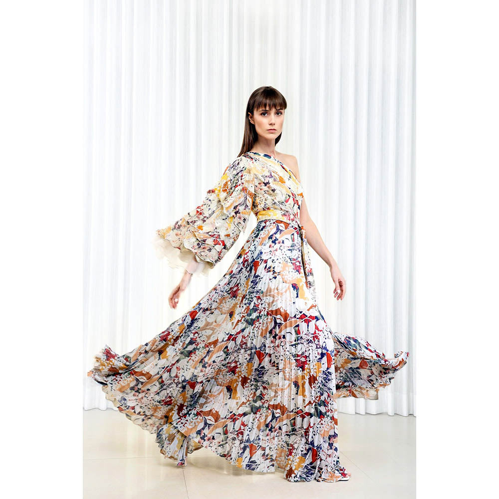 MANDIRA WIRK Autumn Leaves Printed Brasso and Pleated Dress (Set of 2)