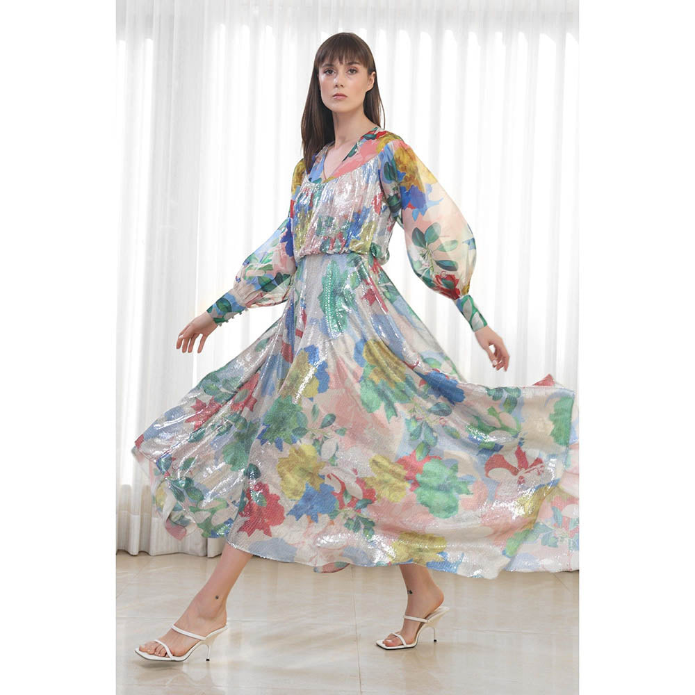 MANDIRA WIRK Hibiscus Printed High Low Dress