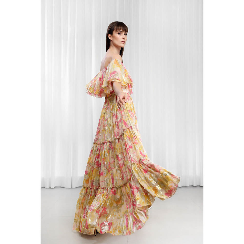 MANDIRA WIRK Daisy Printed Off-Shoulder Tiered Dress