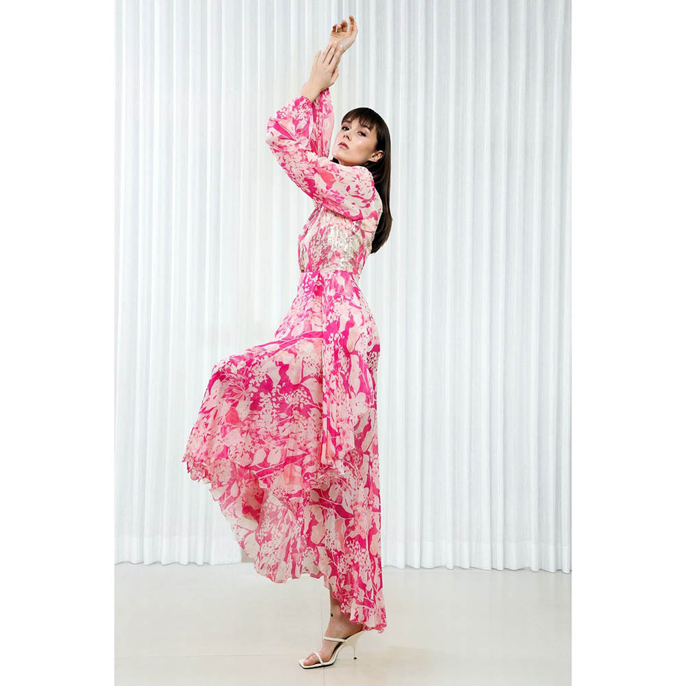 MANDIRA WIRK Orchid Printed High Low Dress