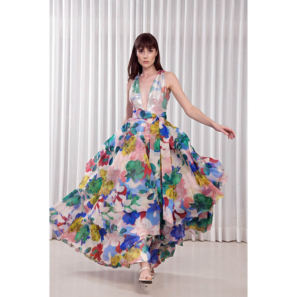 MANDIRA WIRK Hibiscus Printed Layered Gown Dress (Set of 2)