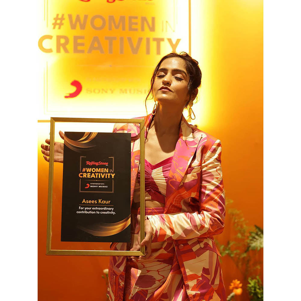 MANDIRA WIRK Fuschia Abstract Printed Blazer & Bustier with Drapped Skirt (Set of 3)