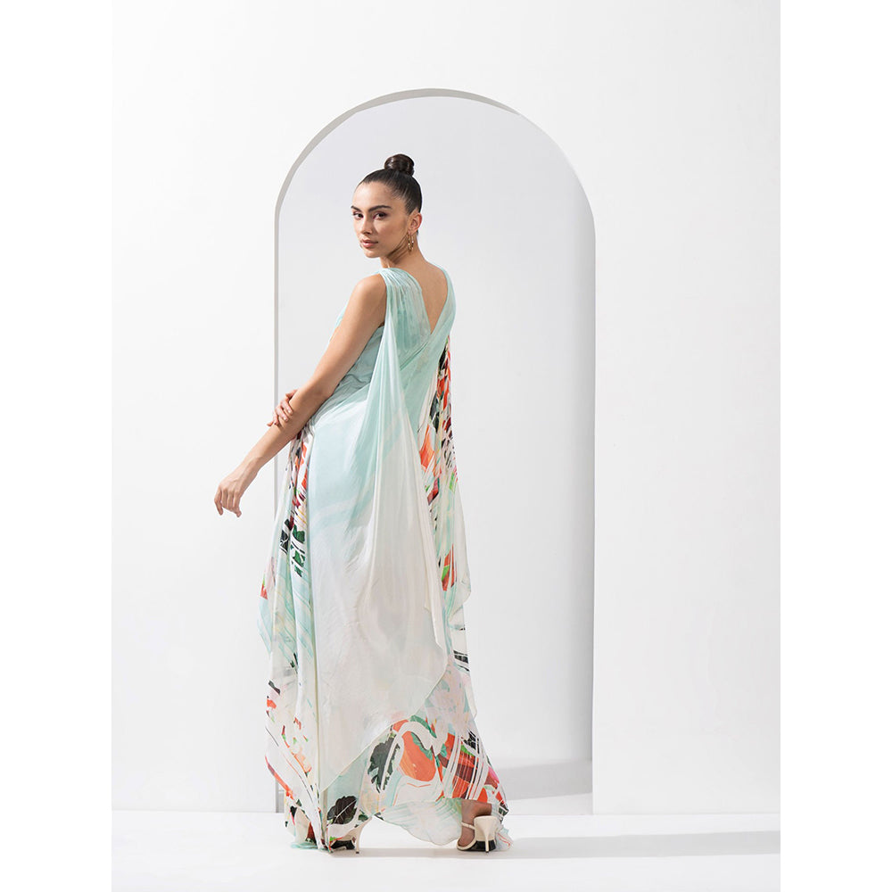 MANDIRA WIRK Ocean Blue Placement Chiffon Kaftan with A Line Hem & Ruched Detailing