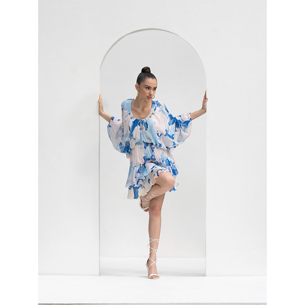 MANDIRA WIRK Mystic Blue Chiffon Short Dress with Gold Eyelet Detailing