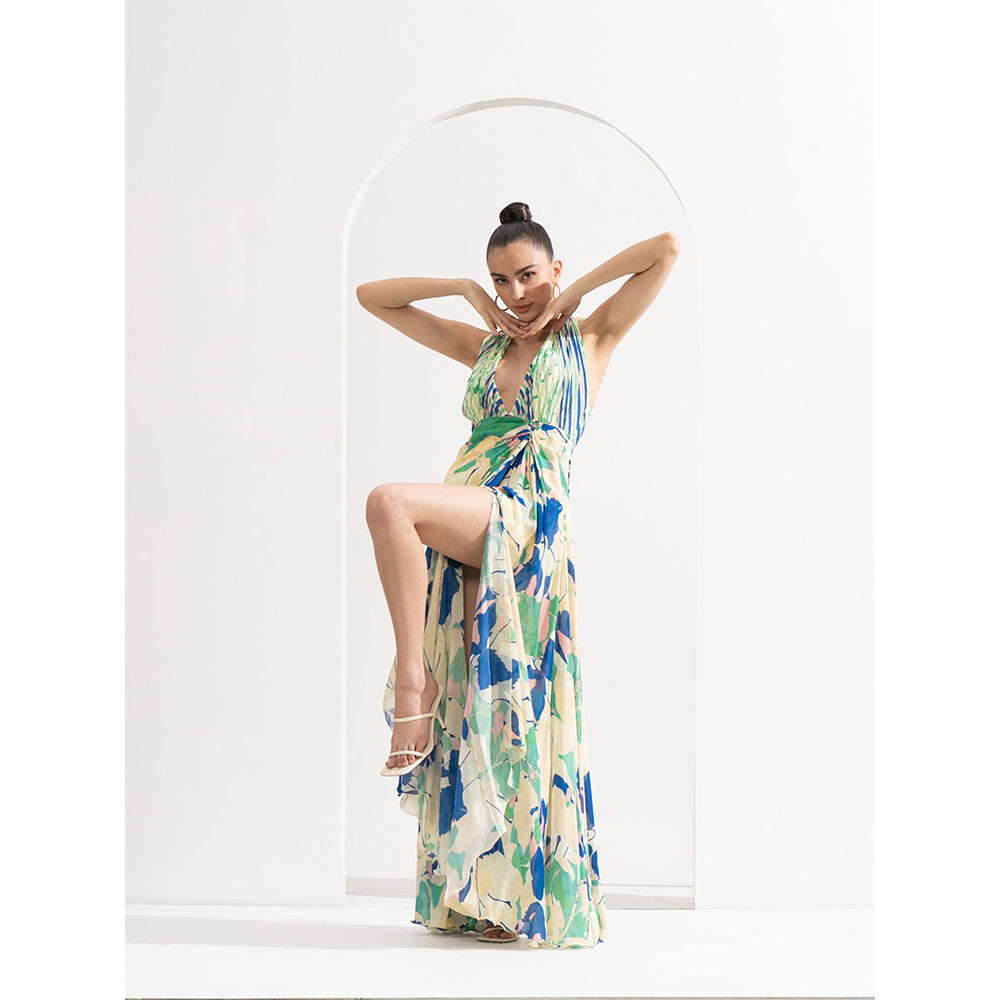 MANDIRA WIRK Chiffon Placement Draped Halter Neck Dress with Silver Accessory