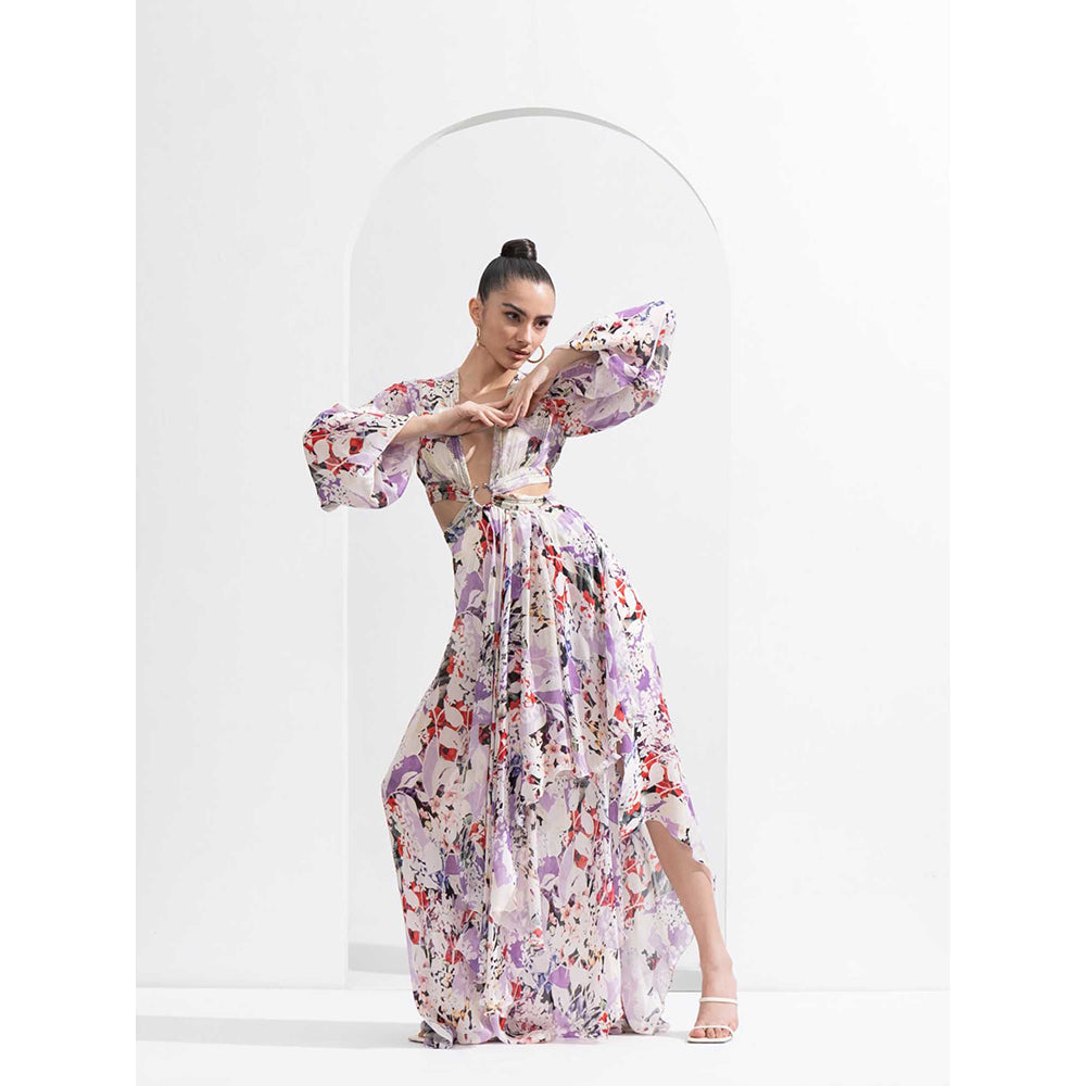 MANDIRA WIRK Purple Orchid Georgette Lurex & Chiffon Dress Side Cutouts & Silver Accessory