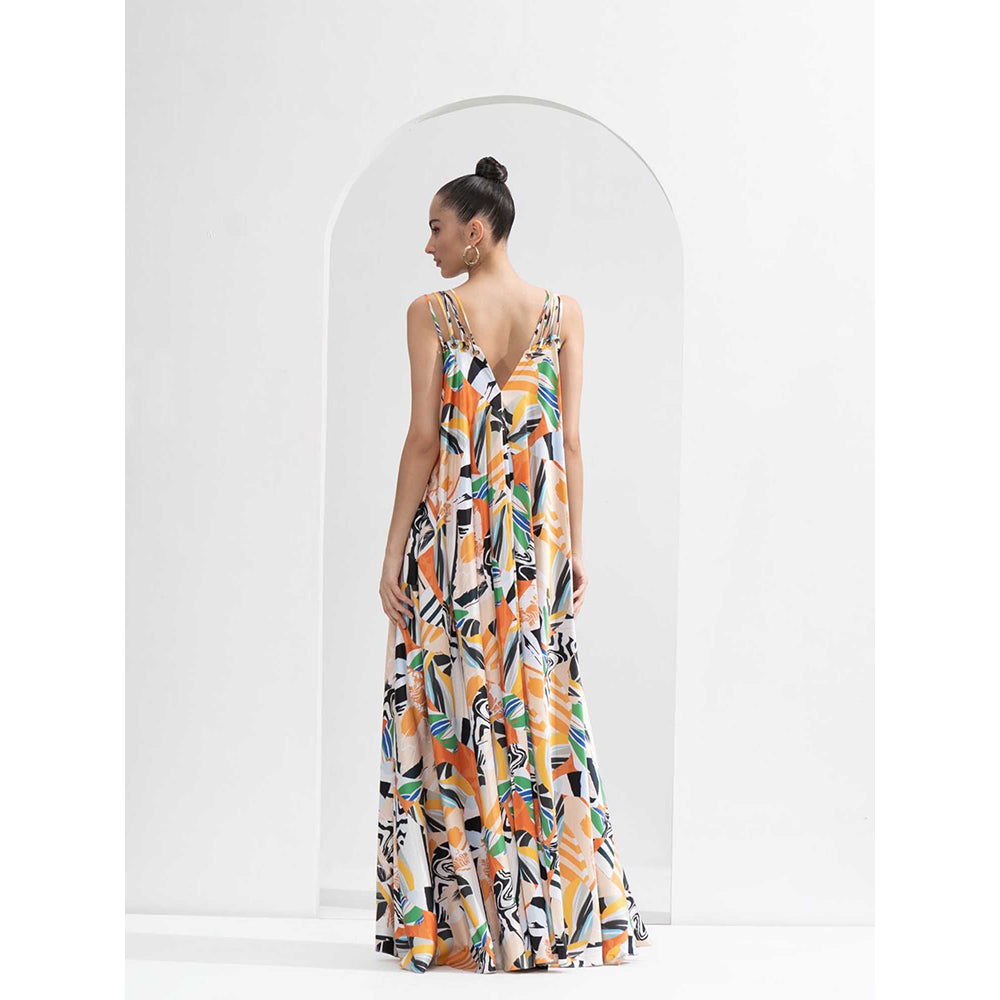 MANDIRA WIRK Abstract Satin Long Loose Fit Dress with Gold Eyelet Detailing