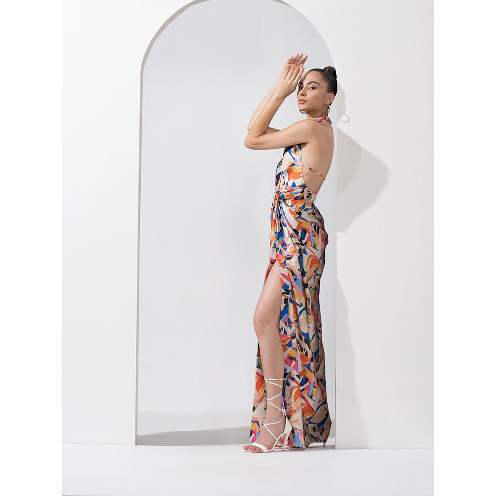 MANDIRA WIRK Abstract Geo Draped Halter Neck Dress Made with Lustrous Satin