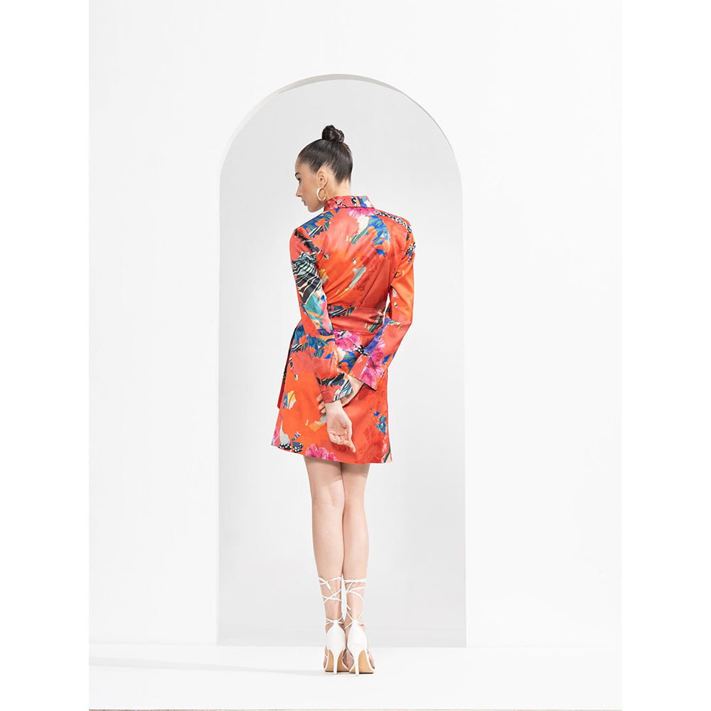 MANDIRA WIRK Red Garden Lustrous Satin Wrapped Blazer Dress