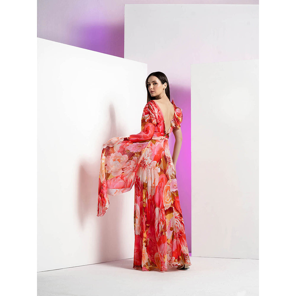MANDIRA WIRK Ultra Peony Corsage Floral Print Yoke Red Long Gown & Flared Sleeves