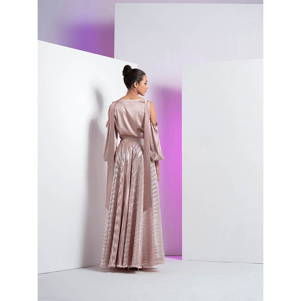 MANDIRA WIRK V-Neck with Cut Out Balloon Sleeve Top with Rose Gold Pleated Skirt (Set of 2)