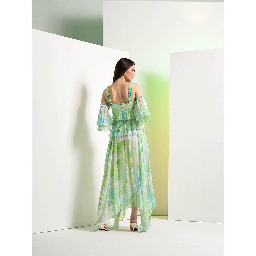 MANDIRA WIRK Green Raw Crystal Drop Shoulder Midi Dress