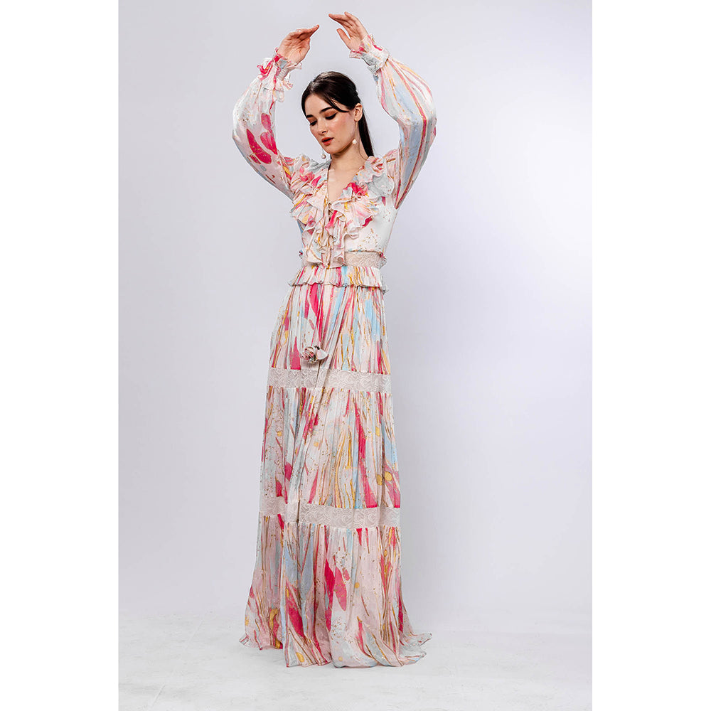 MANDIRA WIRK Floaty Coral Foil Printed Ruffled Neckline Tiered Multi-Colour Maxi Dress