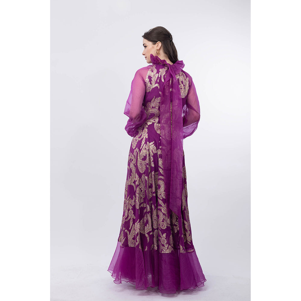 MANDIRA WIRK Purple Raglan Balloon Sleeve Brasso Woven Full Length Gown