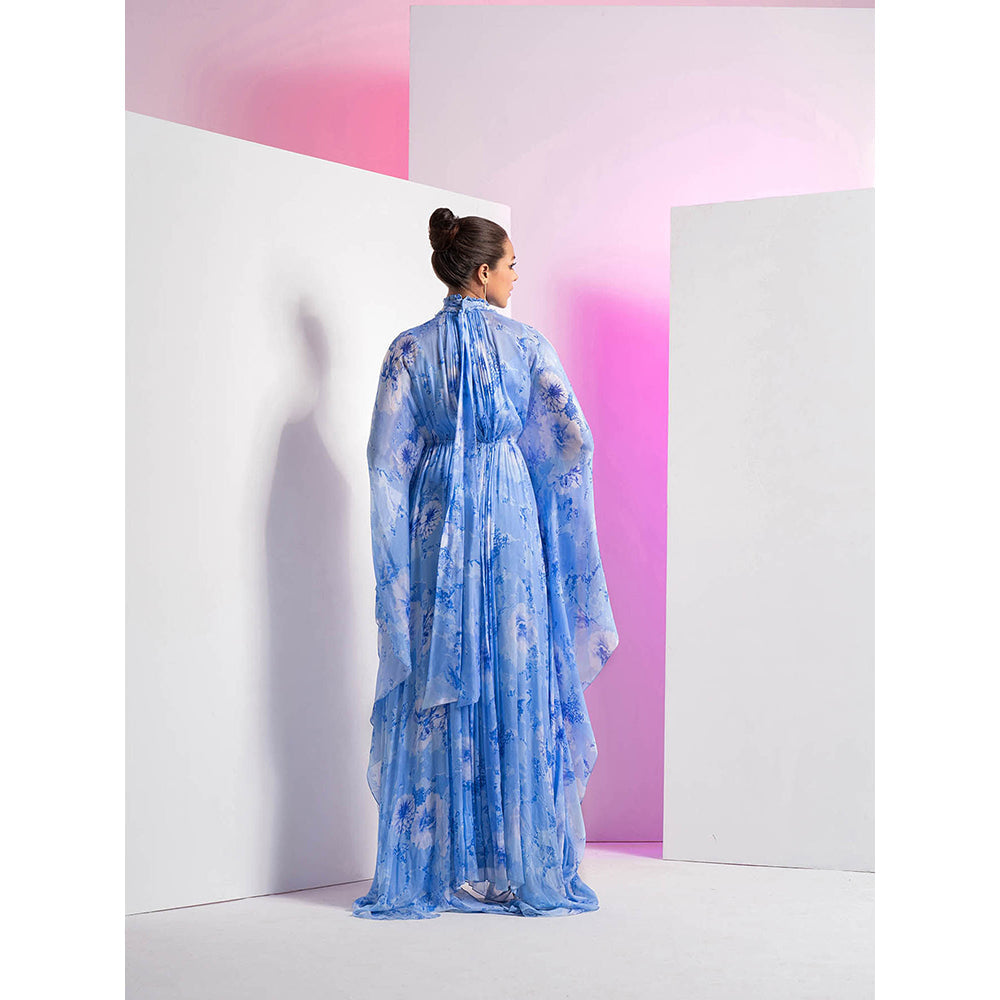 MANDIRA WIRK Pearl Blue Embroidered Asymmetrical Pleated Kaftan Dress