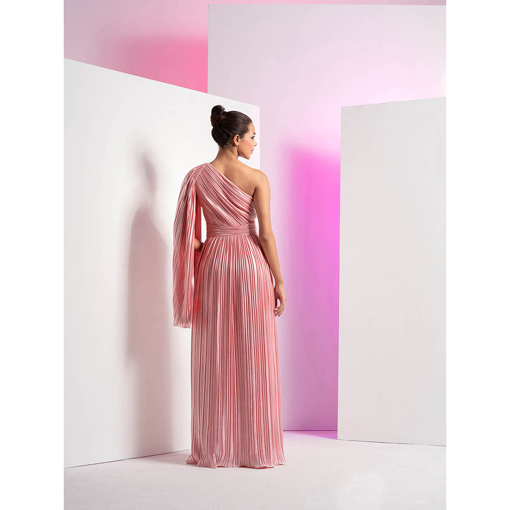 MANDIRA WIRK Flamingo Pink One Side Shoulder Heat Self Design Maxi Dress