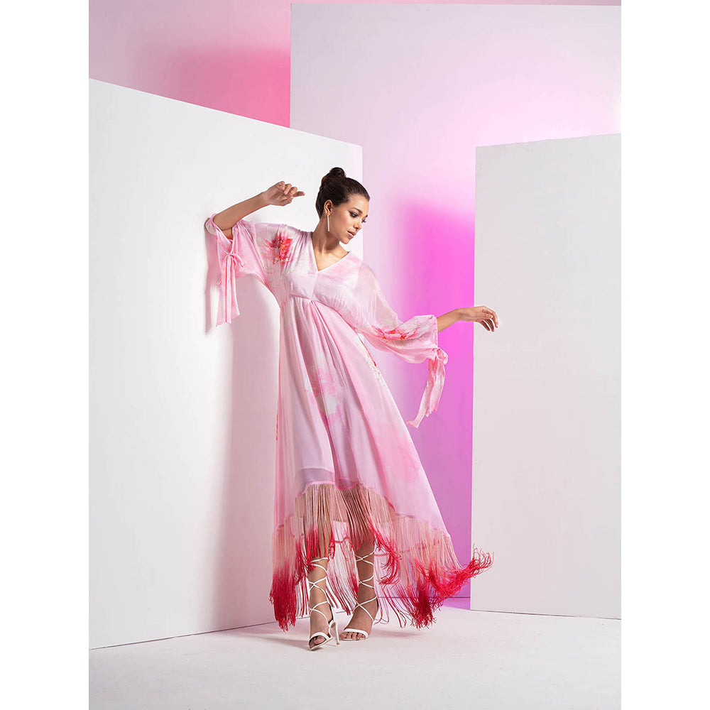 MANDIRA WIRK Pink Flutter Kimono Sleeve Asymmetrical Floral Maxi Dress