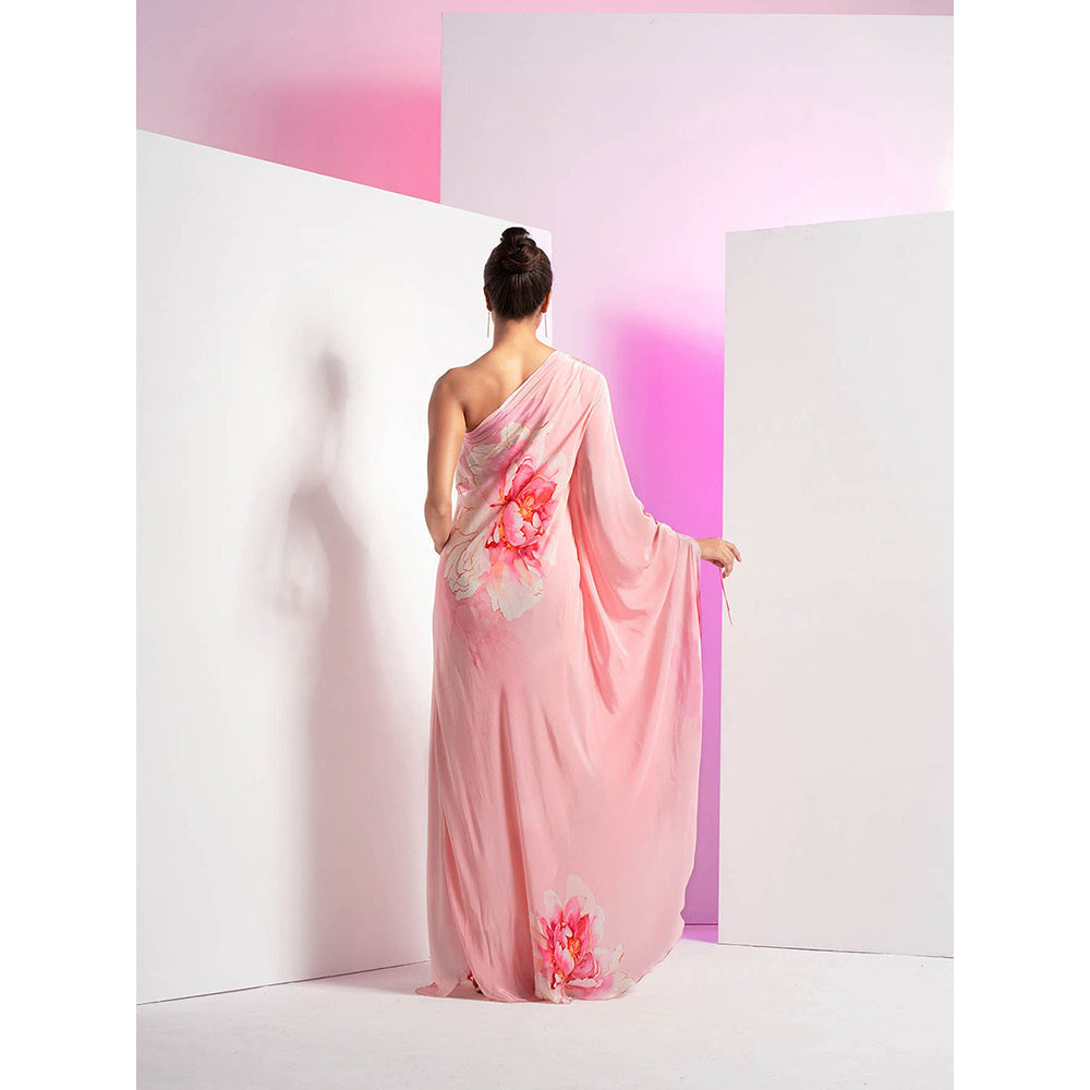 MANDIRA WIRK Champagne Blush Off Shoulder Pleated Floral Maxi Dress with Ombre Fringes