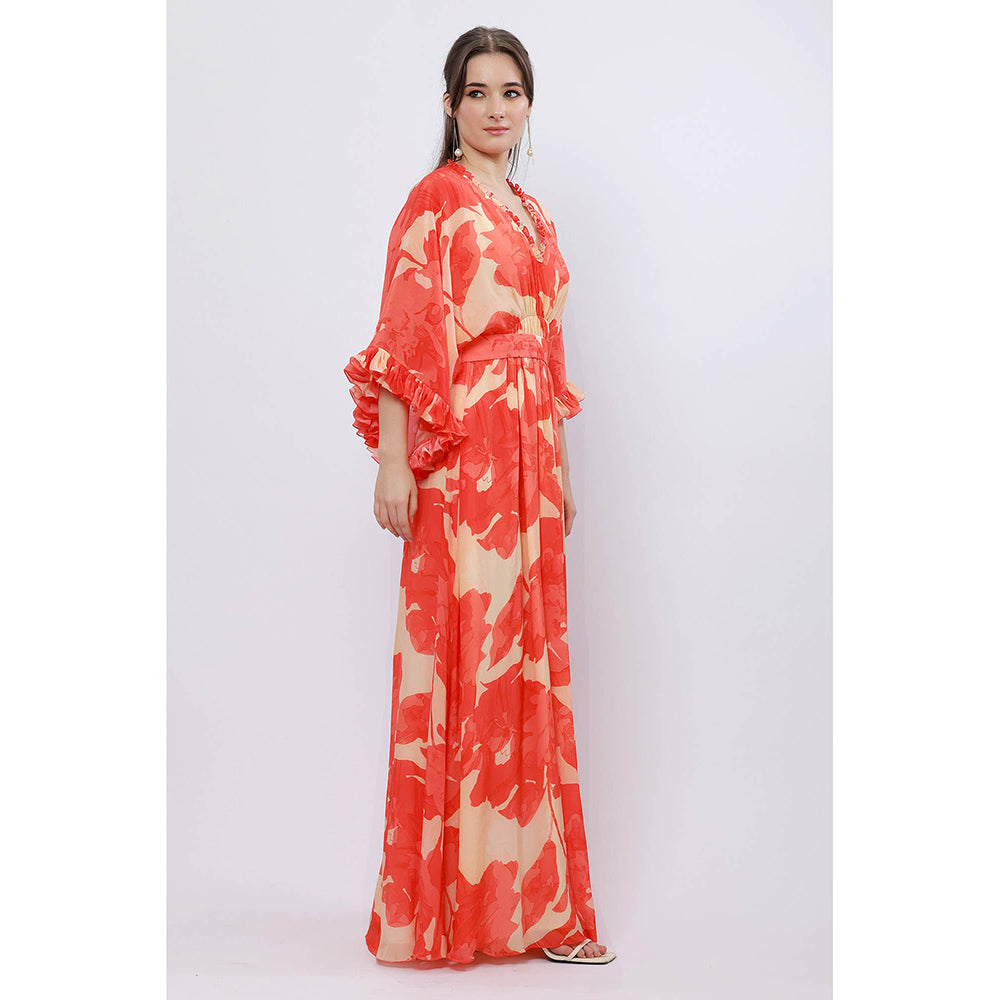MANDIRA WIRK Blazing Saffron Kimono Orange Flared Sleeves Long Maxi Dress with Belt (Set of 2)
