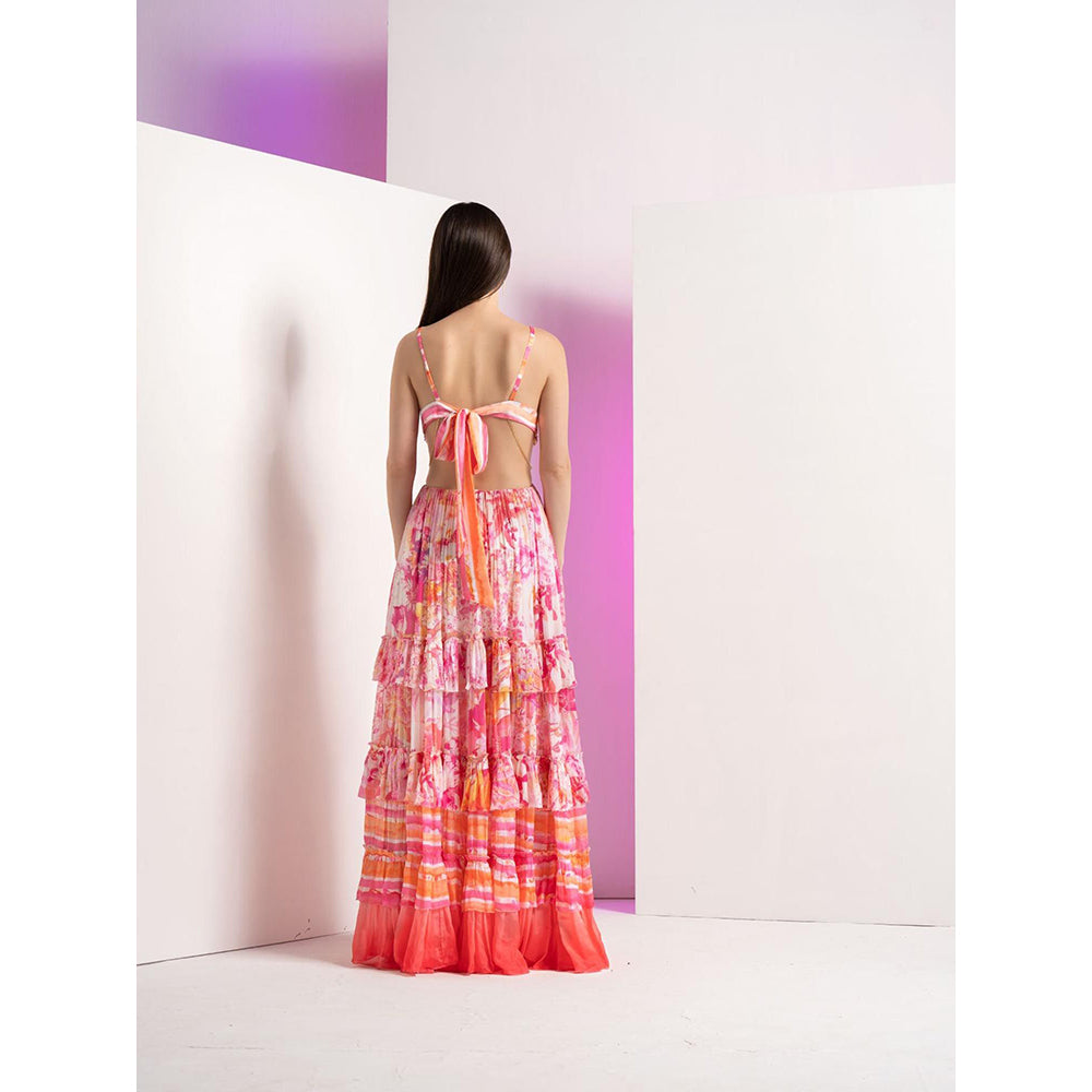 MANDIRA WIRK Pink Fancy Fusion Full Length Dress with Stylized Chain At Waist and Tie Up Back