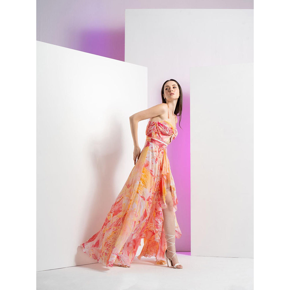 MANDIRA WIRK Peach Raw Crystal Asymmetric Dress with Embroidered Strap