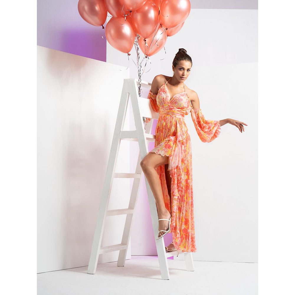 MANDIRA WIRK Red Pancy Daisy Long Halter Neck Dress