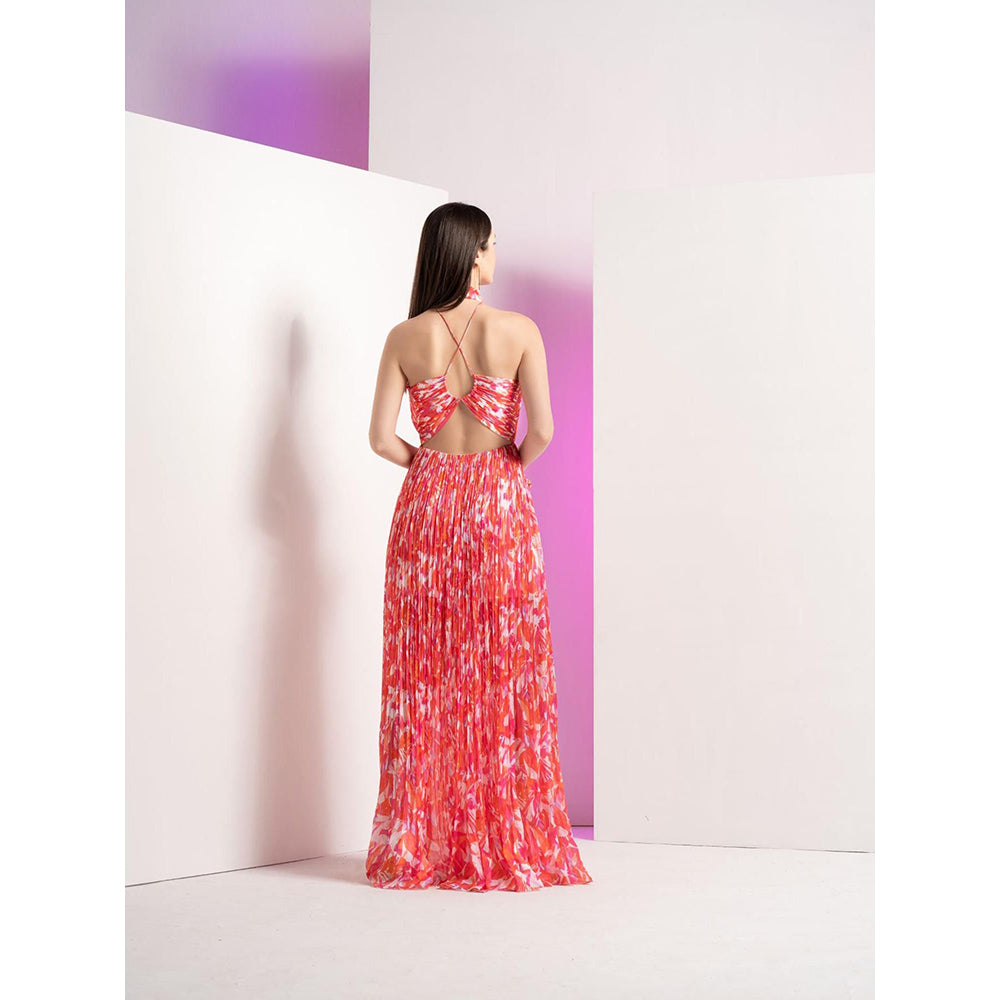 MANDIRA WIRK Pink Geometric Chaos Full Length Dress with Stylized Back