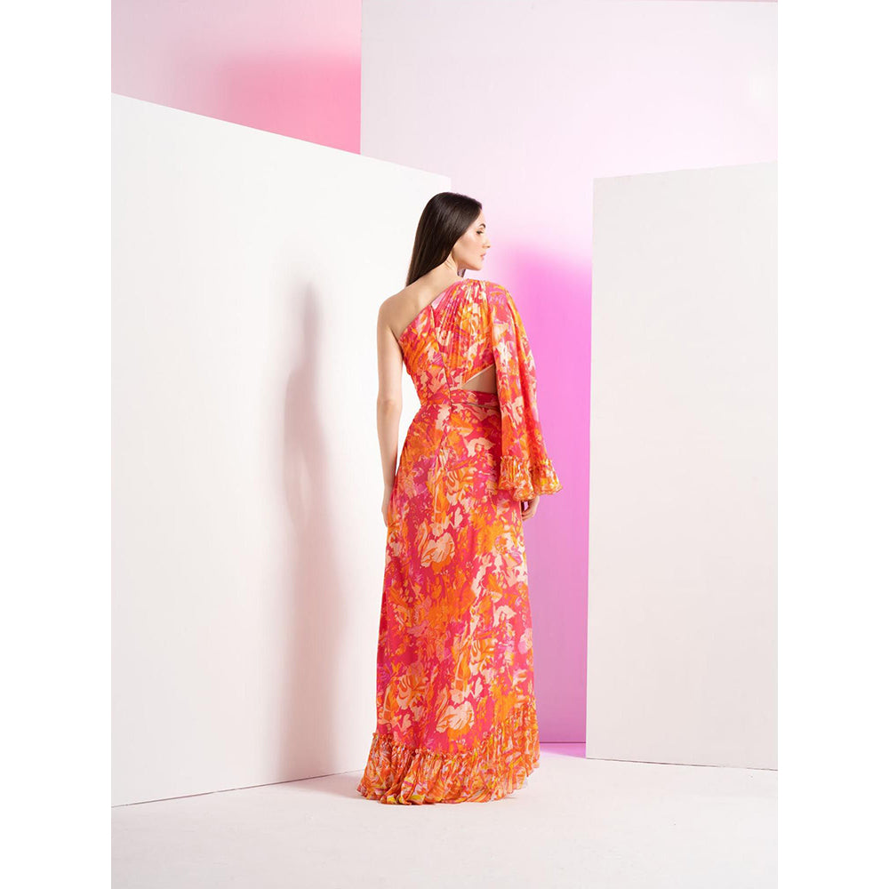 MANDIRA WIRK Pink Twisted Femme Asymmetric Full Length Dress with Stylized Ring At Waist