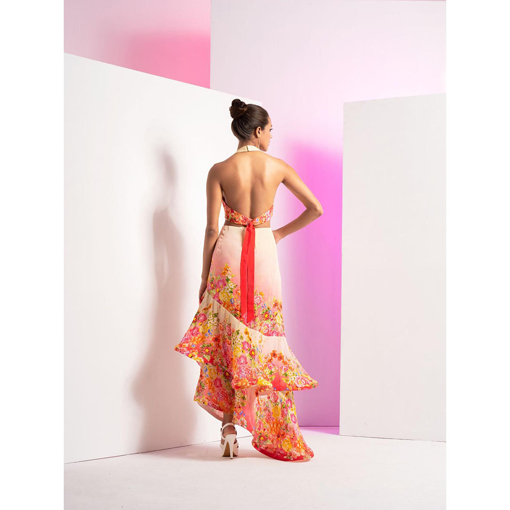 MANDIRA WIRK Ivory Dainty Floret Asymmetric Dress with Back Tie Up