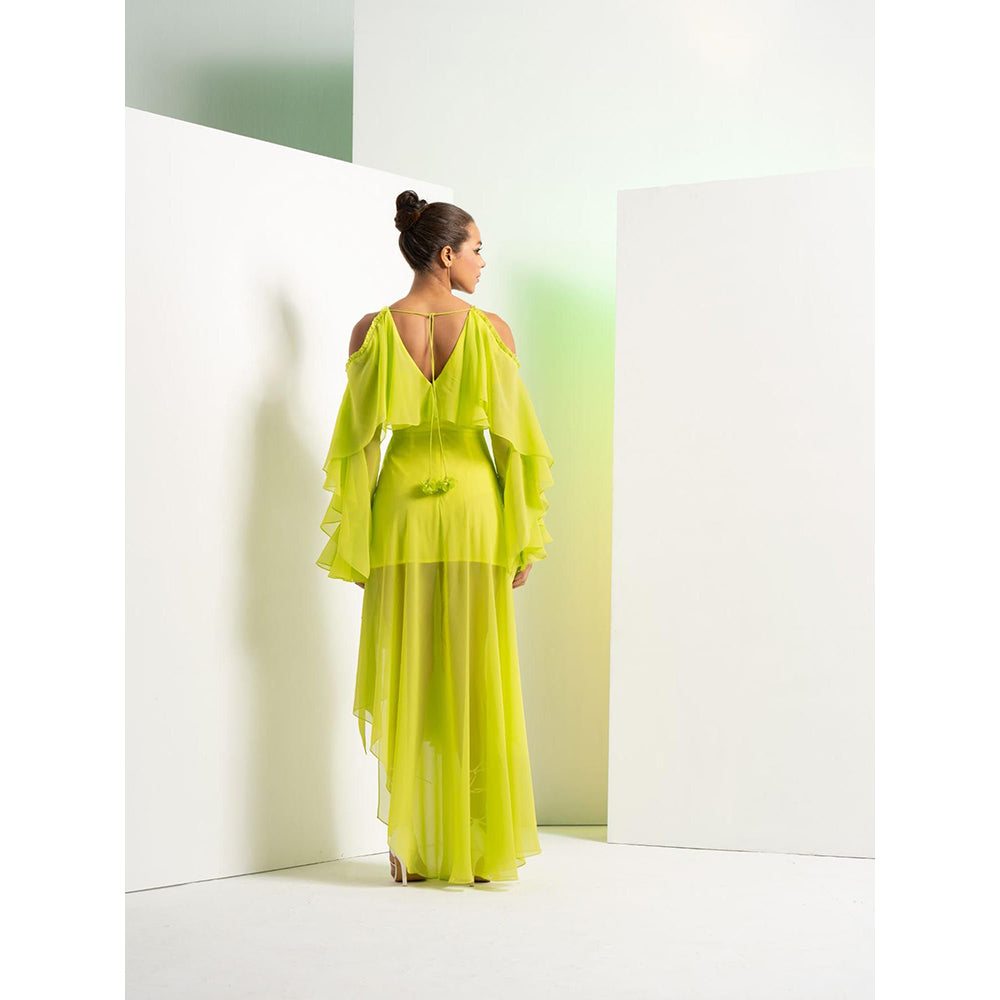 MANDIRA WIRK Lime Green Asymmetric Dress with Cascade Sleeve
