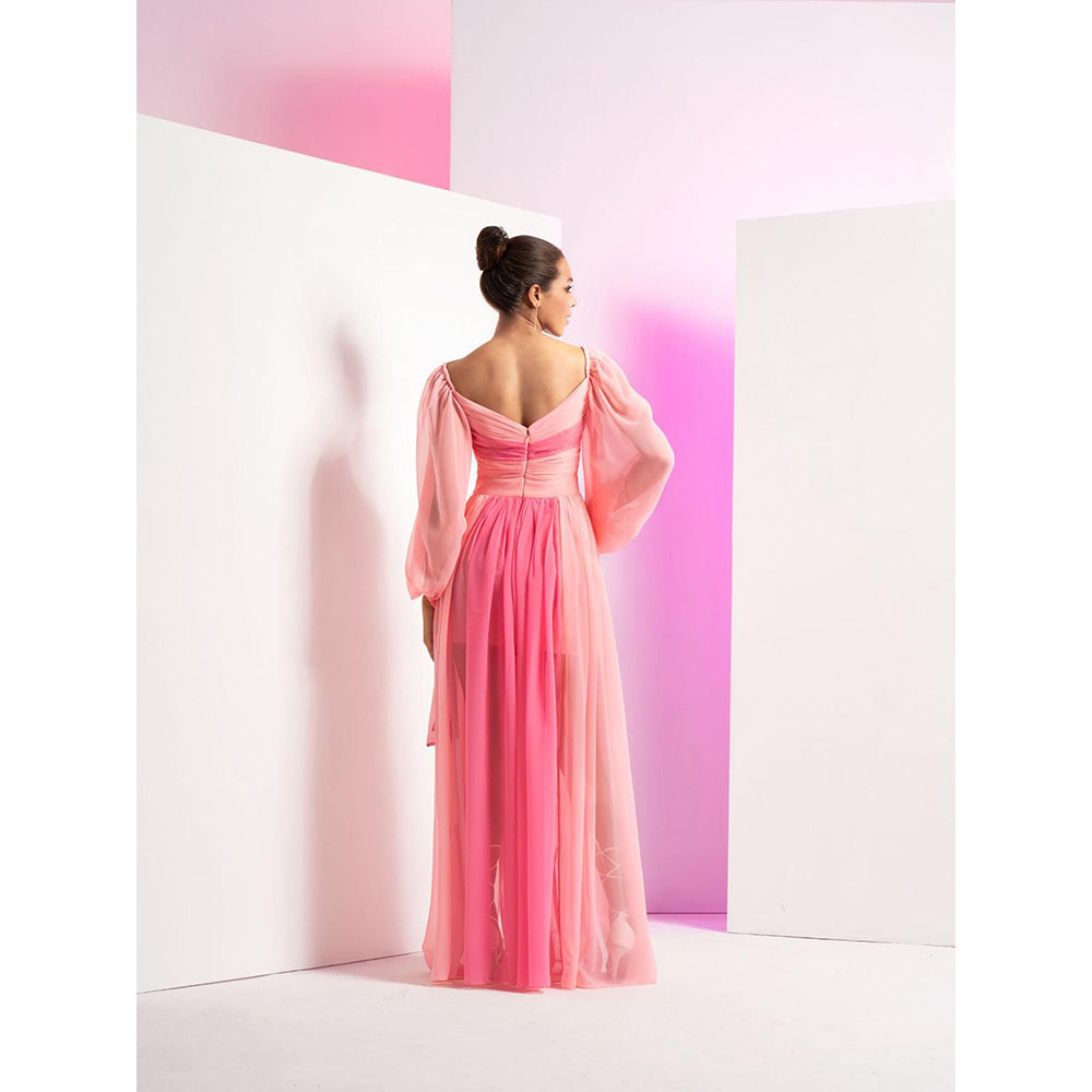 MANDIRA WIRK Fondant Pink Long Dress with Sleeve Tie-Up and Front Slit In Skirt