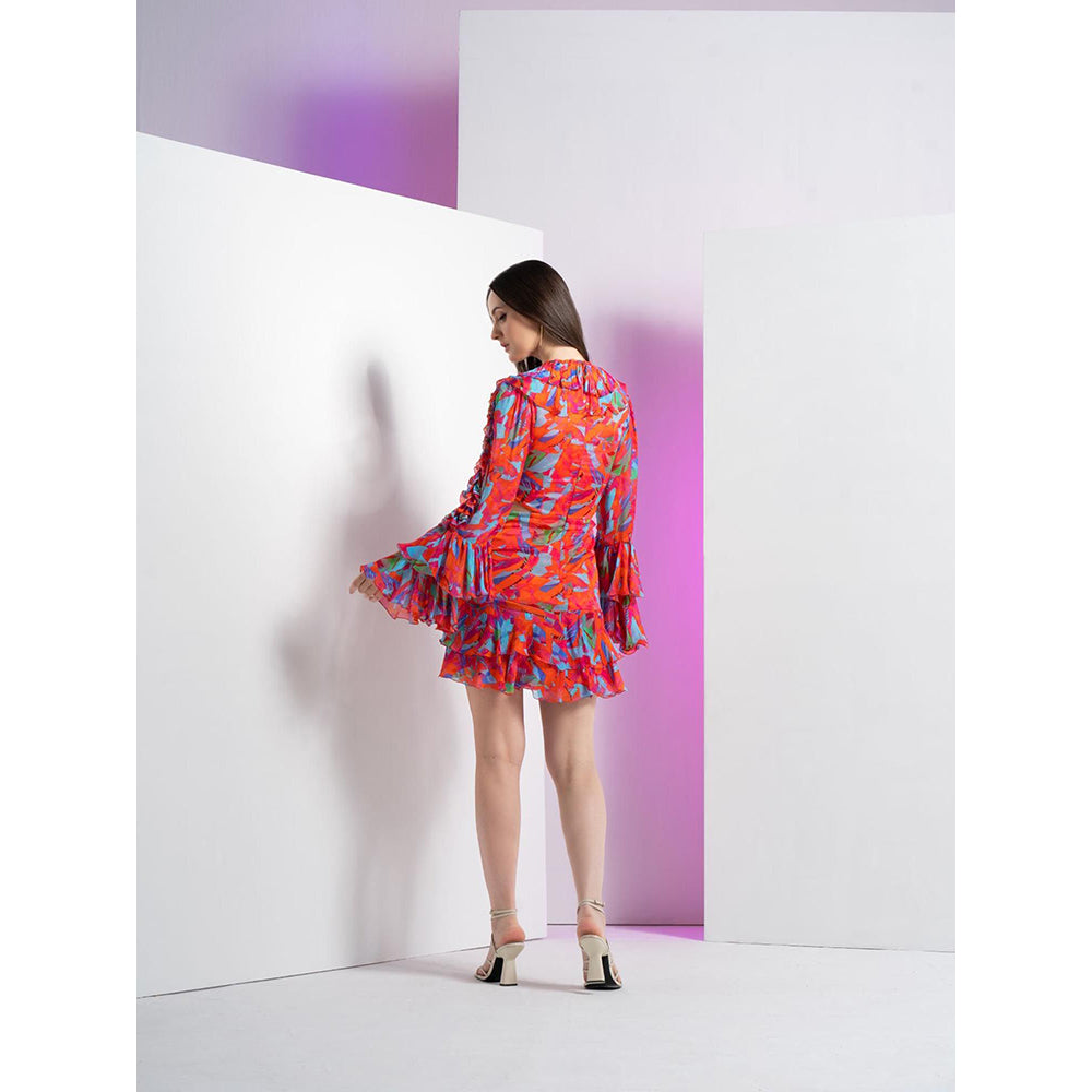 MANDIRA WIRK Multi Printed Mesh Short Dress with Ruffle At Neck