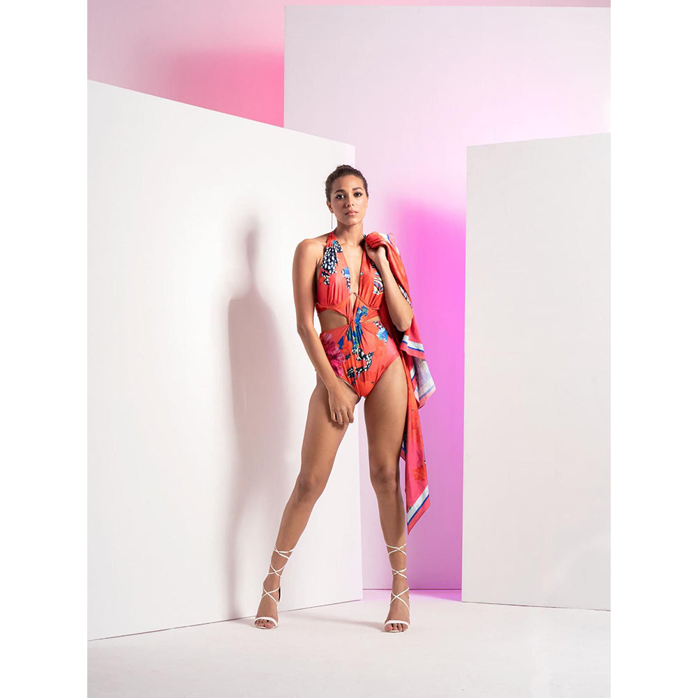 MANDIRA WIRK Fiery Red Floral Printed Body Suit with A Satin Wrap (Set of 2)