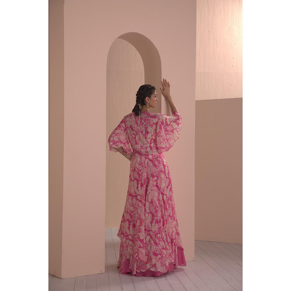 MANDIRA WIRK Printed Chiffon Lehenga Paired Up with Blouse and Cape (Set of 3)