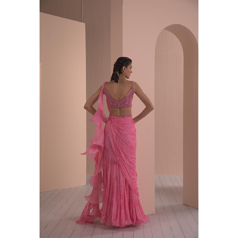 MANDIRA WIRK Chiffon Draped Saree with Embroidered Stitched Blouse and Belt