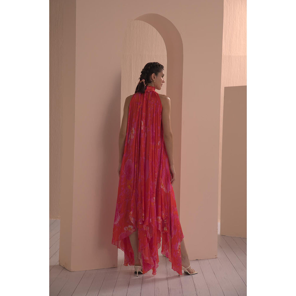 MANDIRA WIRK Printed Chiffon with Entence Hand Embroidered Collar High Low Dress