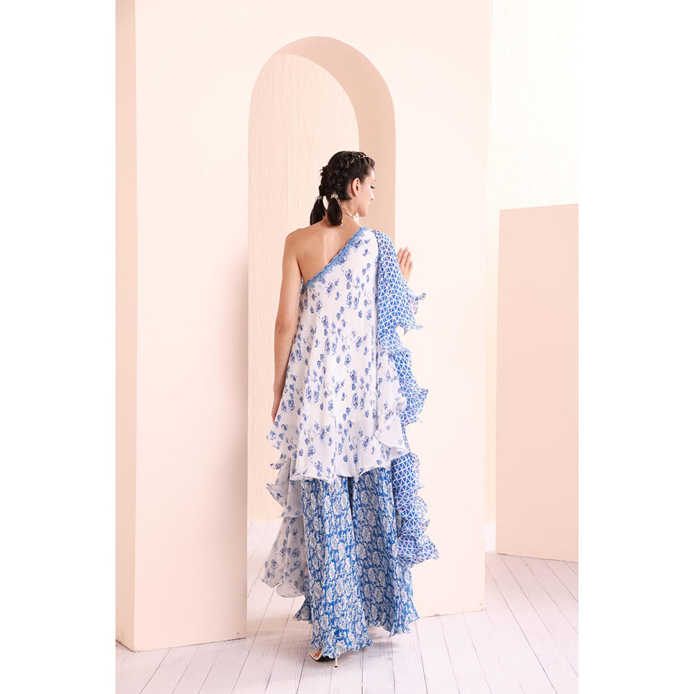 MANDIRA WIRK Blue Printed One Shoulder Stylized Chiffon Top with Sharara (Set of 2)