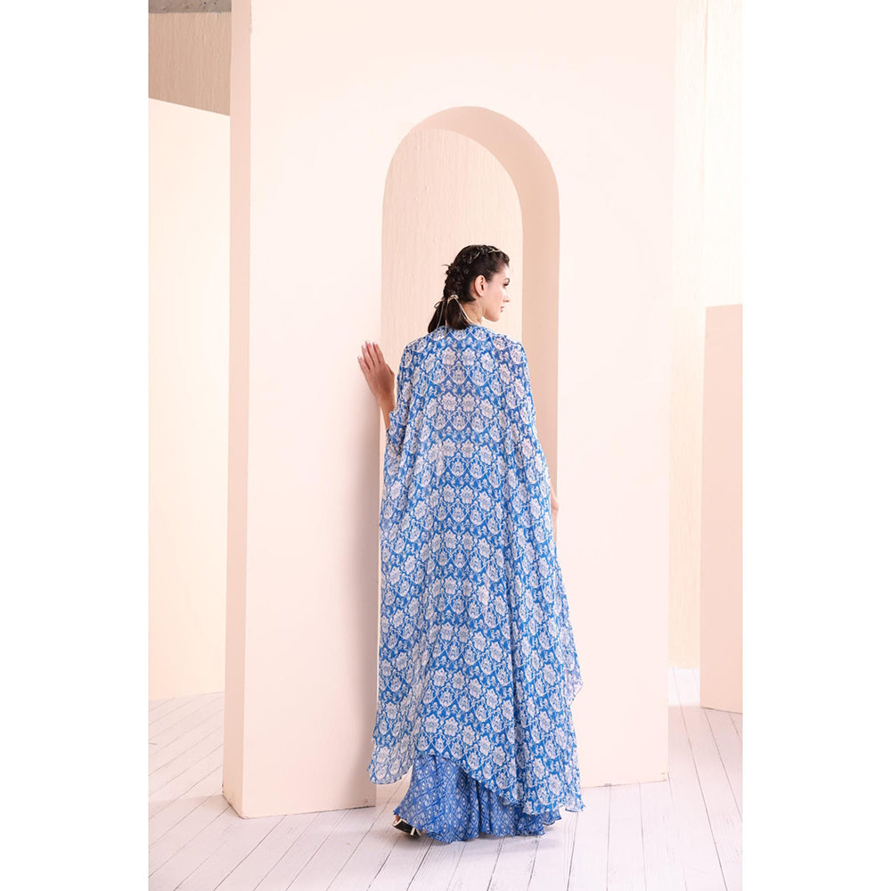 MANDIRA WIRK Blue Printed Embroidered Blouse with Sharara and Cape (Set of 3)