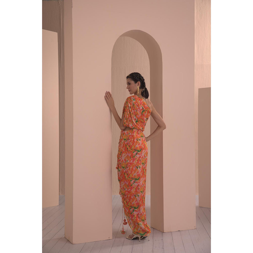 MANDIRA WIRK Yellow Mesh Printed Rushed Dress